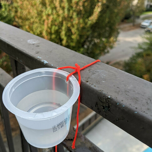 A knotted red cord holds a plastic cup full of water to a metal balcony railing.